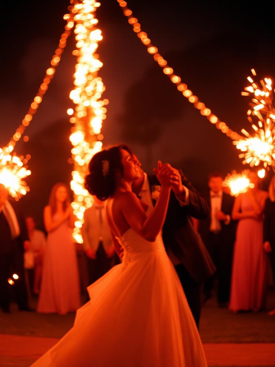 La pareja bailando entre luces de bengala